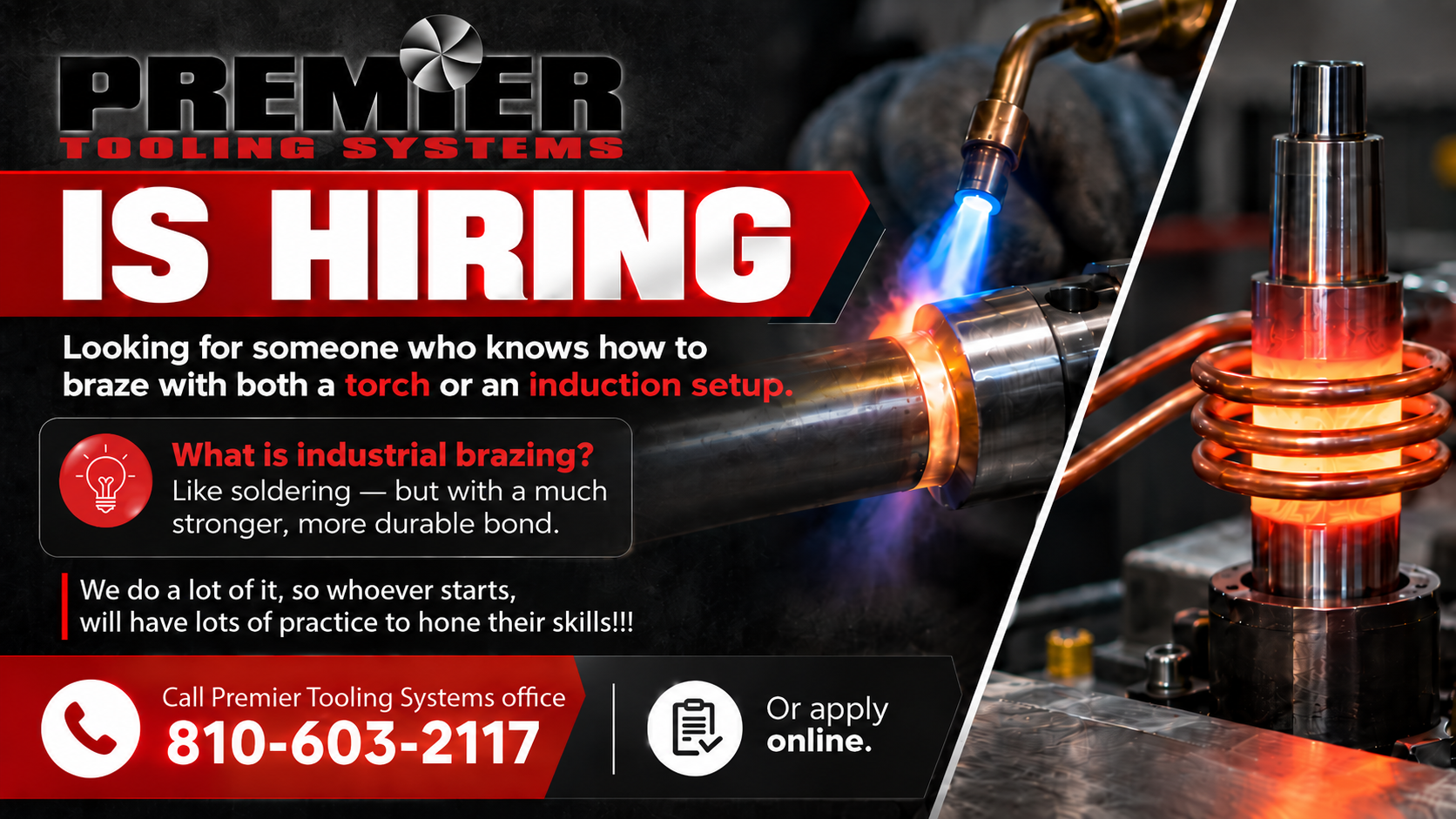 Industrial brazing jobs at Premier Tooling Systems in Michigan